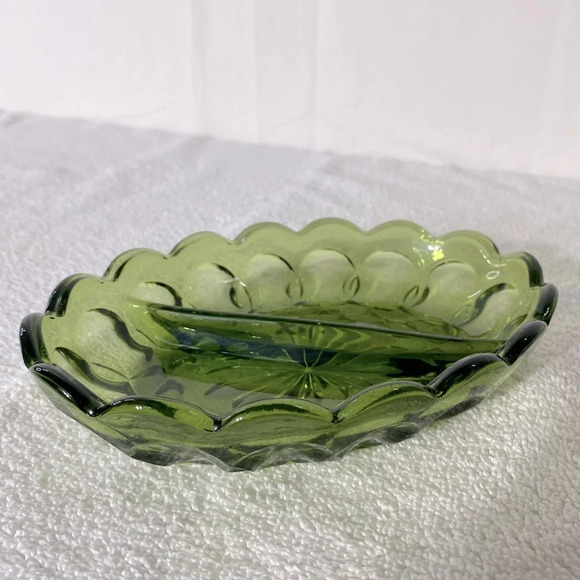 Vintage Indiana Avocado  Green Thumb Print Scalloped Edge Divided Relish Dish - Picture 4 of 14